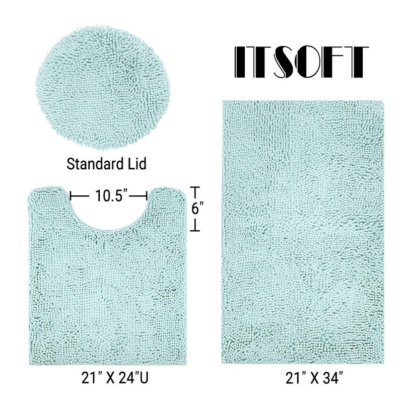 ITSOFT 3pc Non-Slip Shaggy Chenille Bathroom Mat Set, Includes 24 x 21 Inches U-Shaped Contour Toilet Rug, 34 x 21 Inches Bathmat and 1 Toilet Lid Cover, Spa Blue - Image 3
